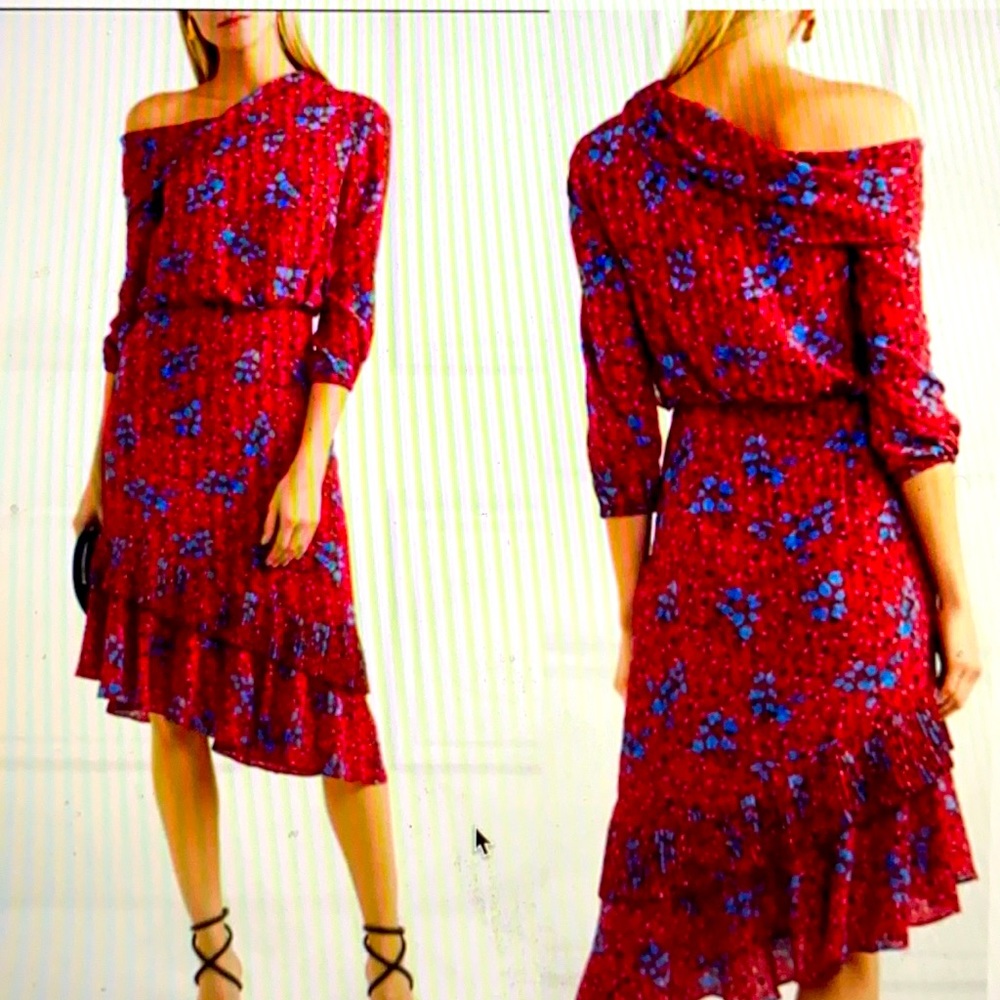 SALONI Red and Blue One Shoulder or scoop Dress